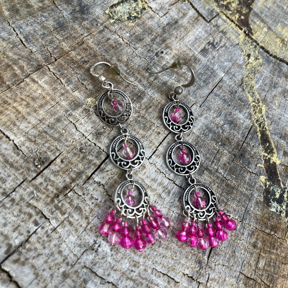 Vintage Silver and Pink Dangle Earrings
